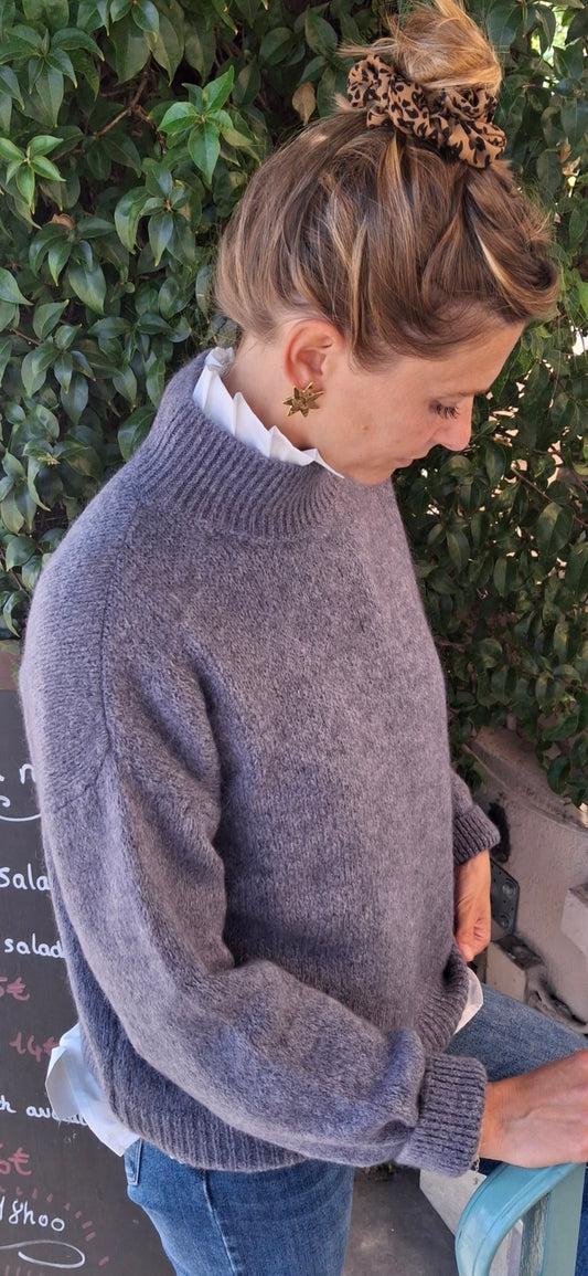 Pull Alban col montant en alpaga gris foncé
