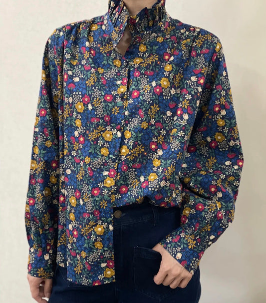 Chemise  Léon col victorien volantée marine 100%coton